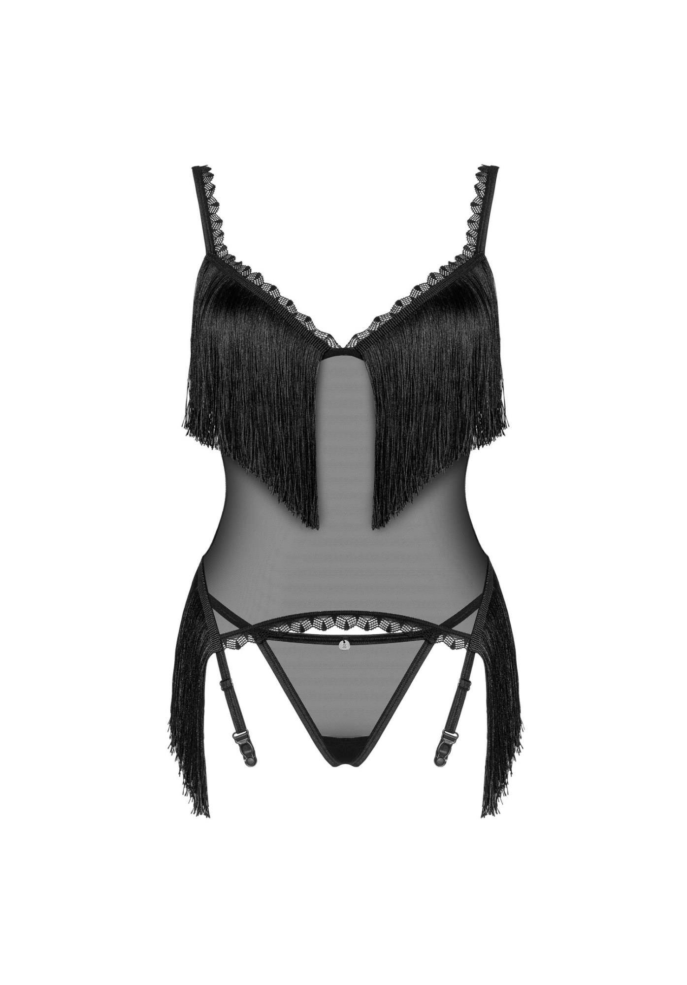 Gorset z frędzlami i stringi Sherila – czarne, transparentne, XL/2XL — zdjęcie 5
