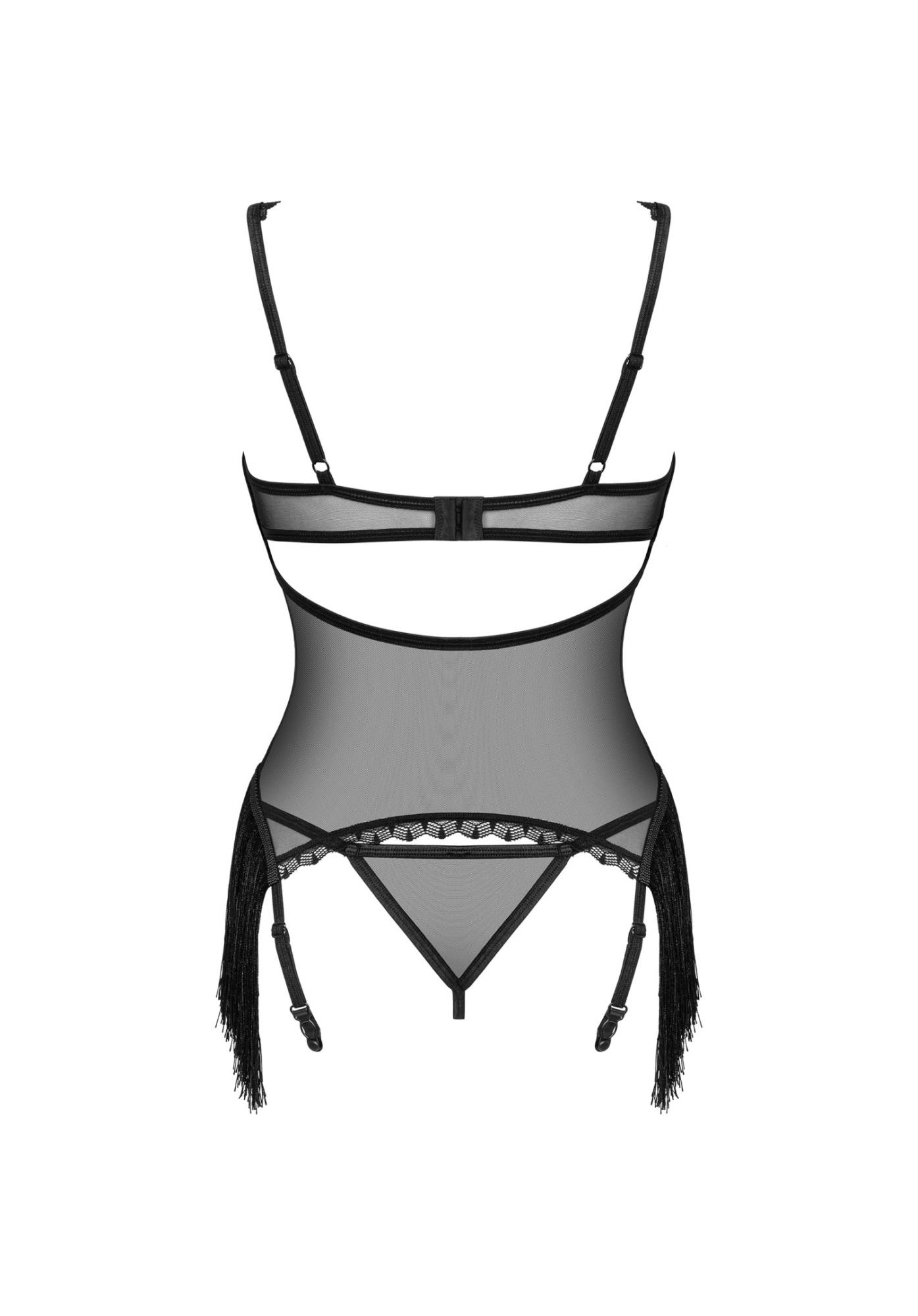 Gorset z frędzlami i stringi Sherila – czarne, transparentne, XL/2XL — zdjęcie 6