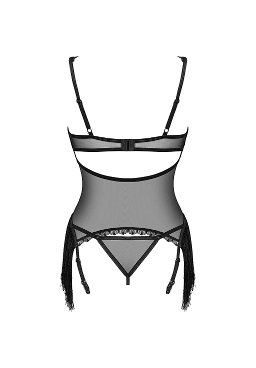 Gorset z frędzlami i stringi Sherila – czarne, transparentne, XL/2XL — zdjęcie 6