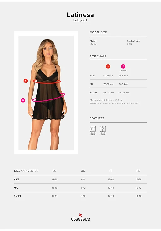Babydoll i stringi Latinesa – czarne, regulowane ramiączka, M/L — zdjęcie 7