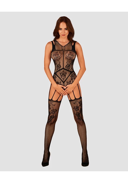 Bodystocking F239 – czarne, siateczkowe z paskami, S/M — zdjęcie 3