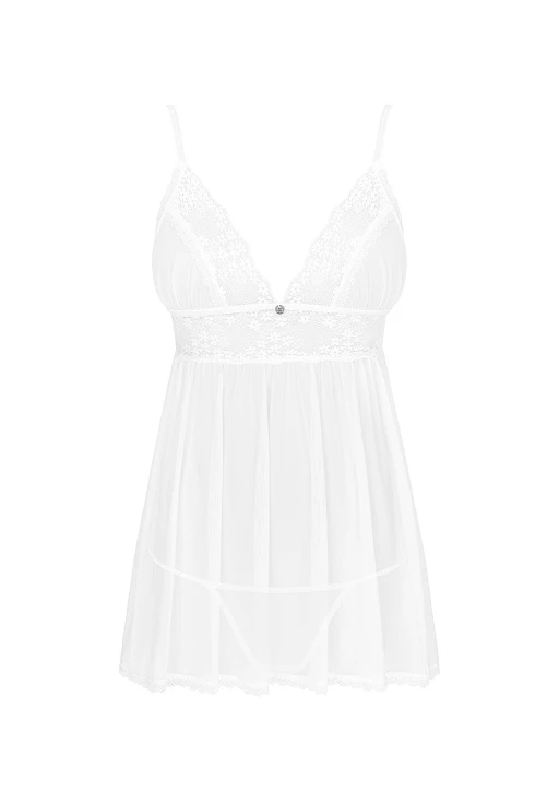 Babydoll i stringi – białe, koronka i połysk, M/L — zdjęcie 5