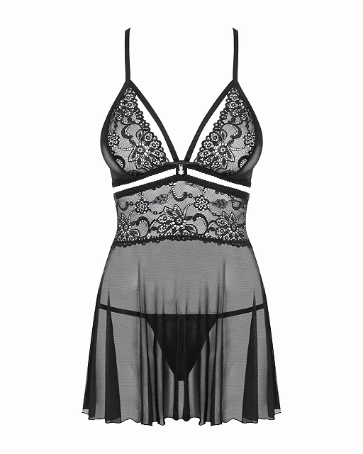 Babydoll i stringi – czarne, koronka i siateczka, S/M — zdjęcie 4