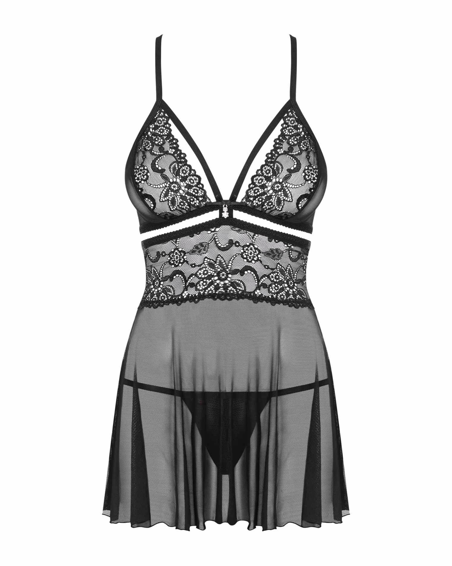 Babydoll i stringi – czarne, koronka i siateczka, L/XL — zdjęcie 4