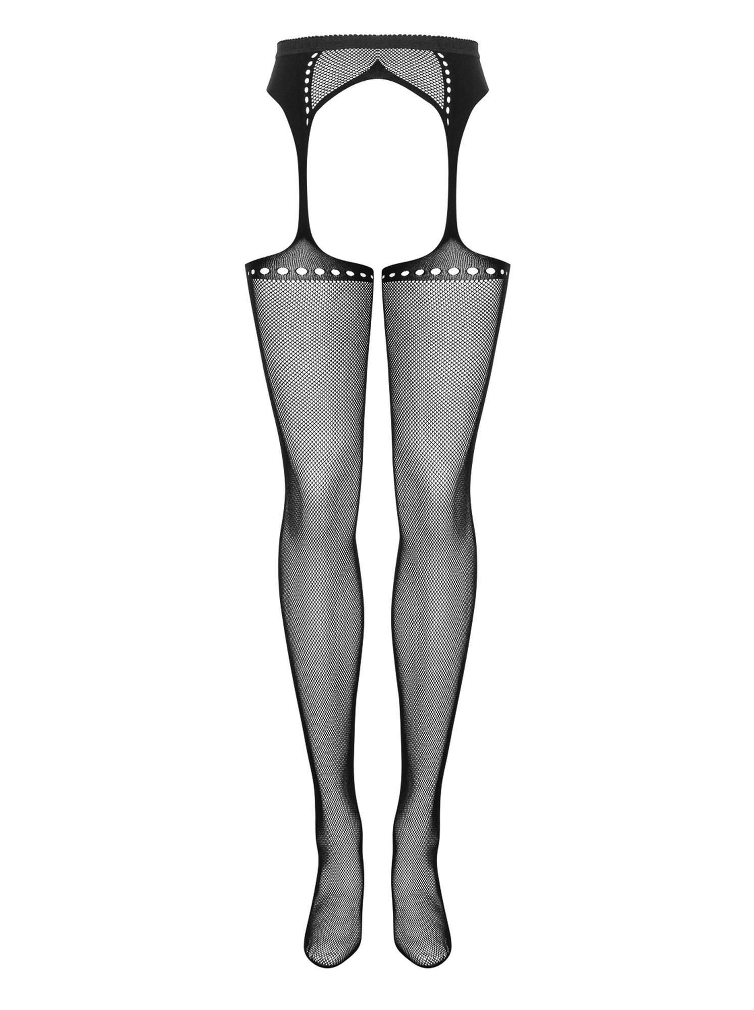 Garter stockings S314 – czarne, siateczkowe, otwarty tył, S/M/L — zdjęcie 4