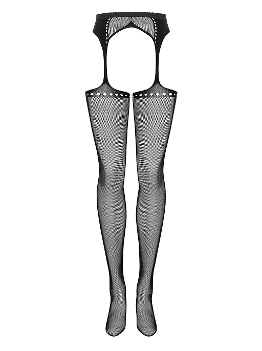 Garter stockings S314 – czarne, siateczkowe, otwarty tył, S/M/L — zdjęcie 4