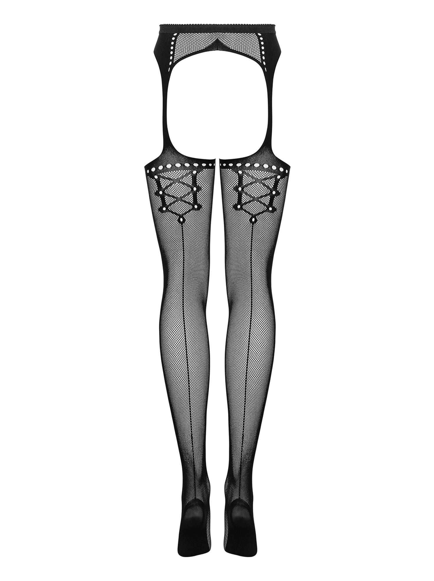 Garter stockings S314 – czarne, siateczkowe, otwarty tył, S/M/L — zdjęcie 5