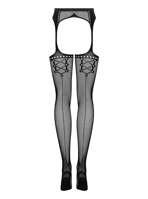 Garter stockings S314 – czarne, siateczkowe, otwarty tył, S/M/L — zdjęcie 5