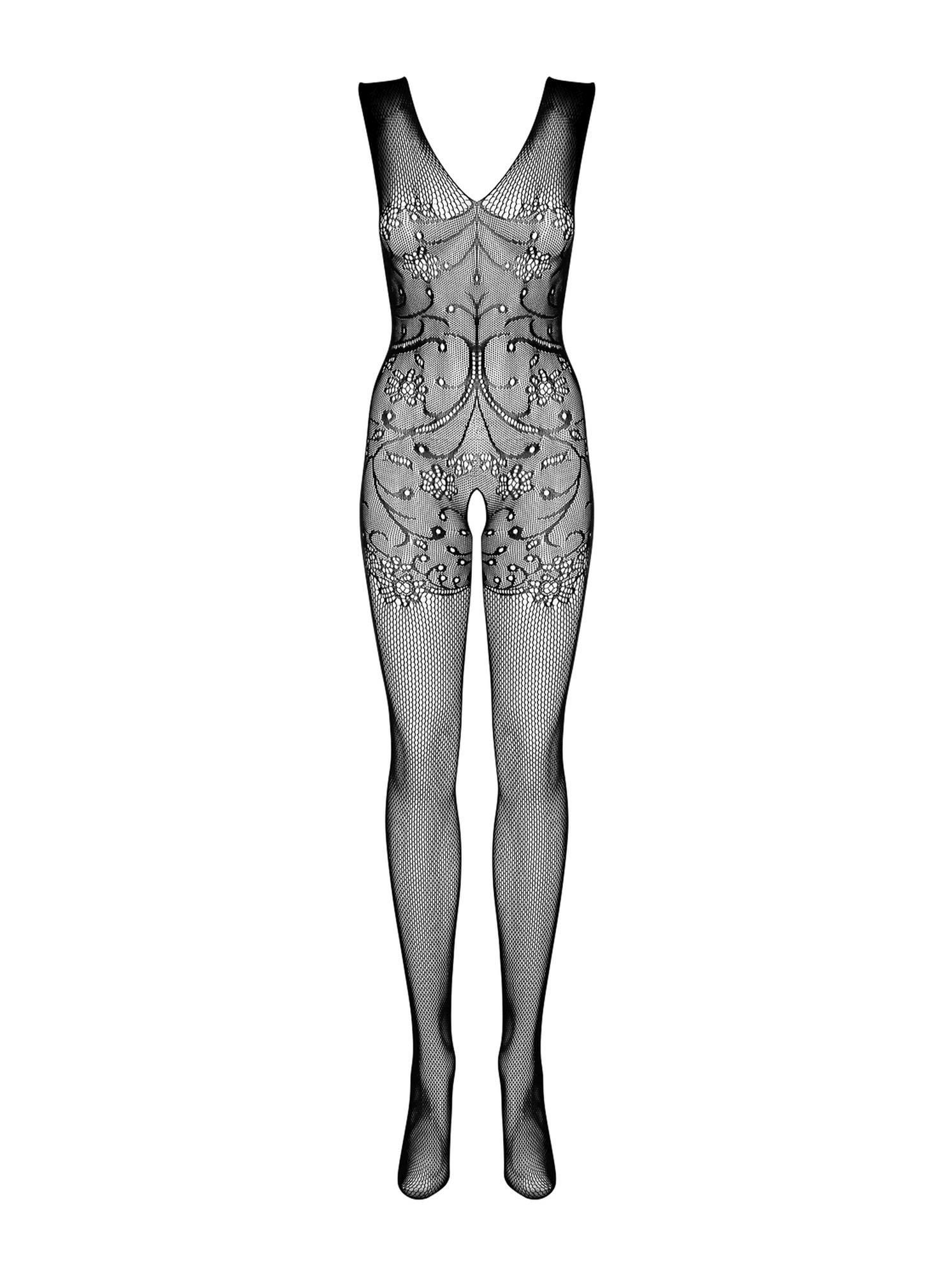 Bodystocking F234 – czarne, wzorzyste, otwarty krok, S/M/L — zdjęcie 5