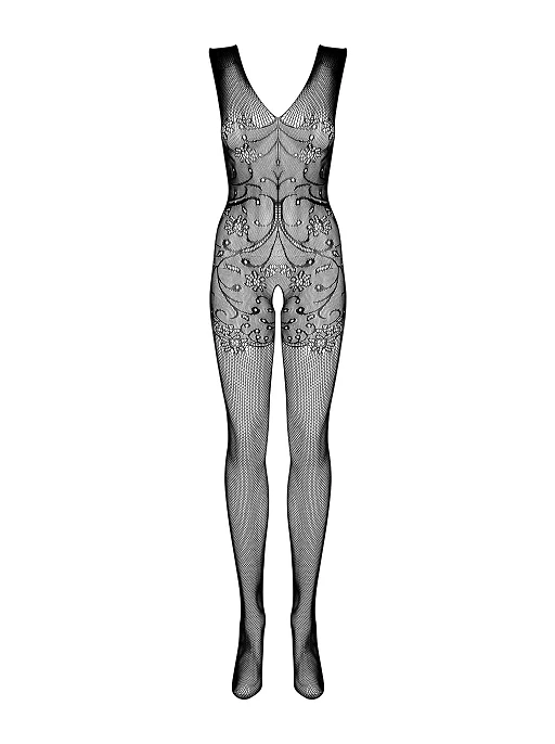 Bodystocking F234 – czarne, wzorzyste, otwarty krok, S/M/L — zdjęcie 5