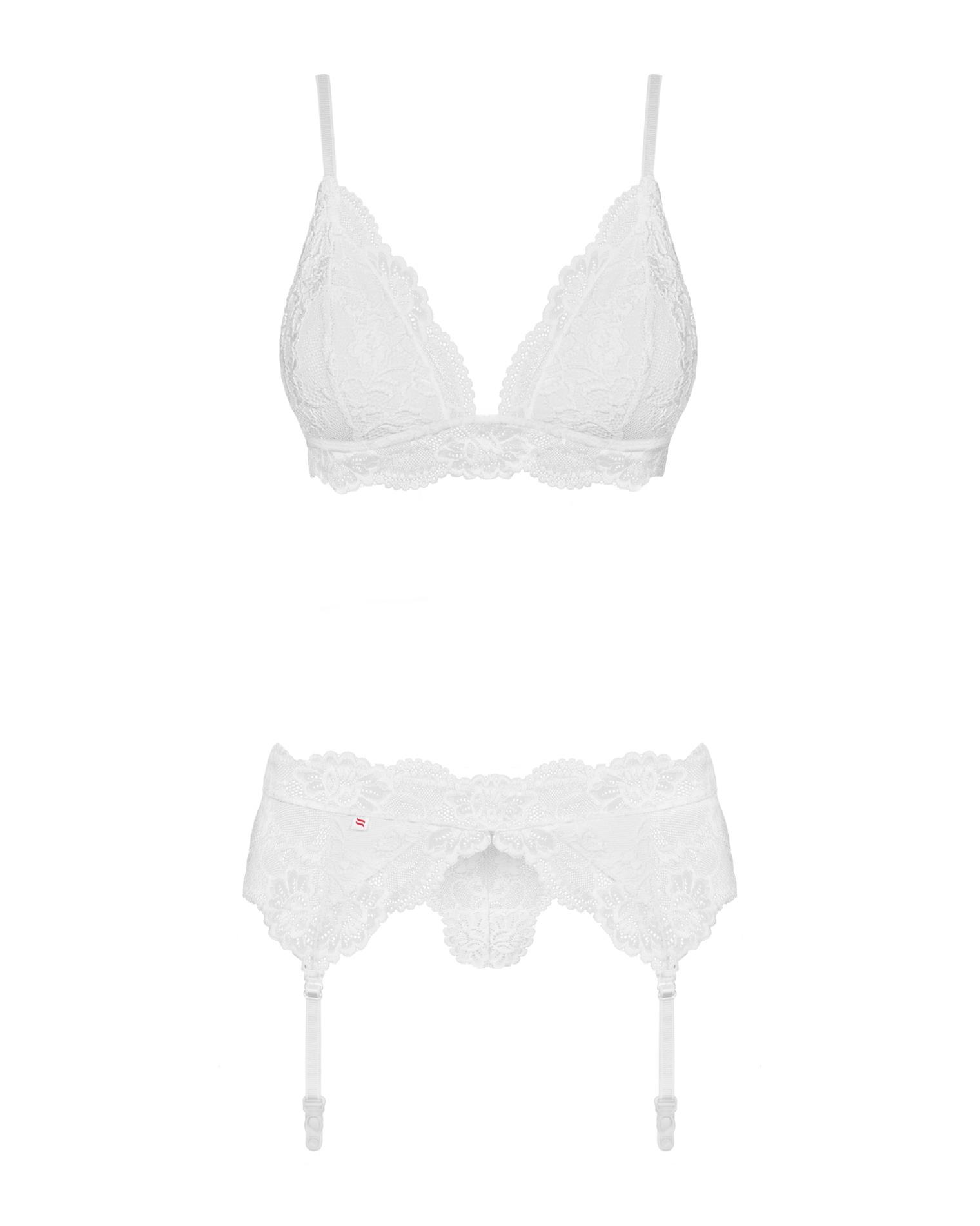 Komplet 3‑częściowy – biały, koronki, pas do pończoch, L/XL — zdjęcie 6
