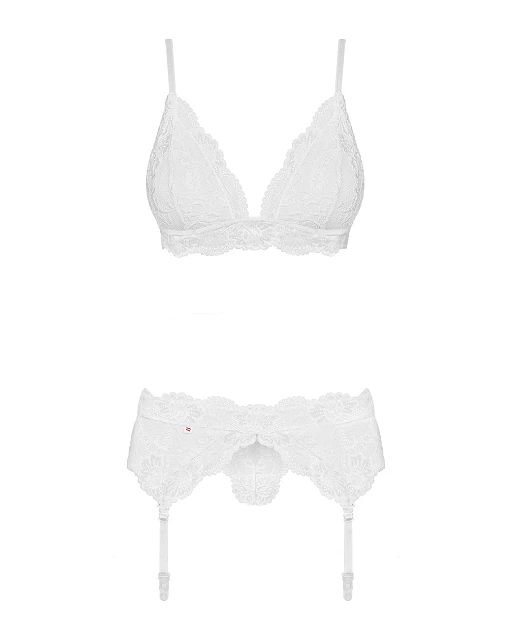 Komplet 3‑częściowy – biały, koronki, pas do pończoch, L/XL — zdjęcie 6