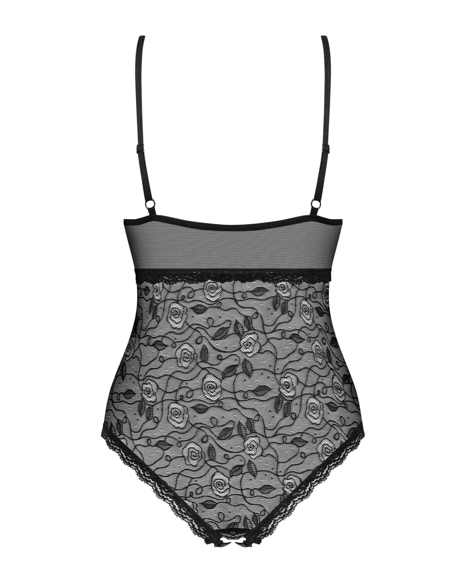 Body – czarne, koronka w róże, otwarty krok, S/M — zdjęcie 6