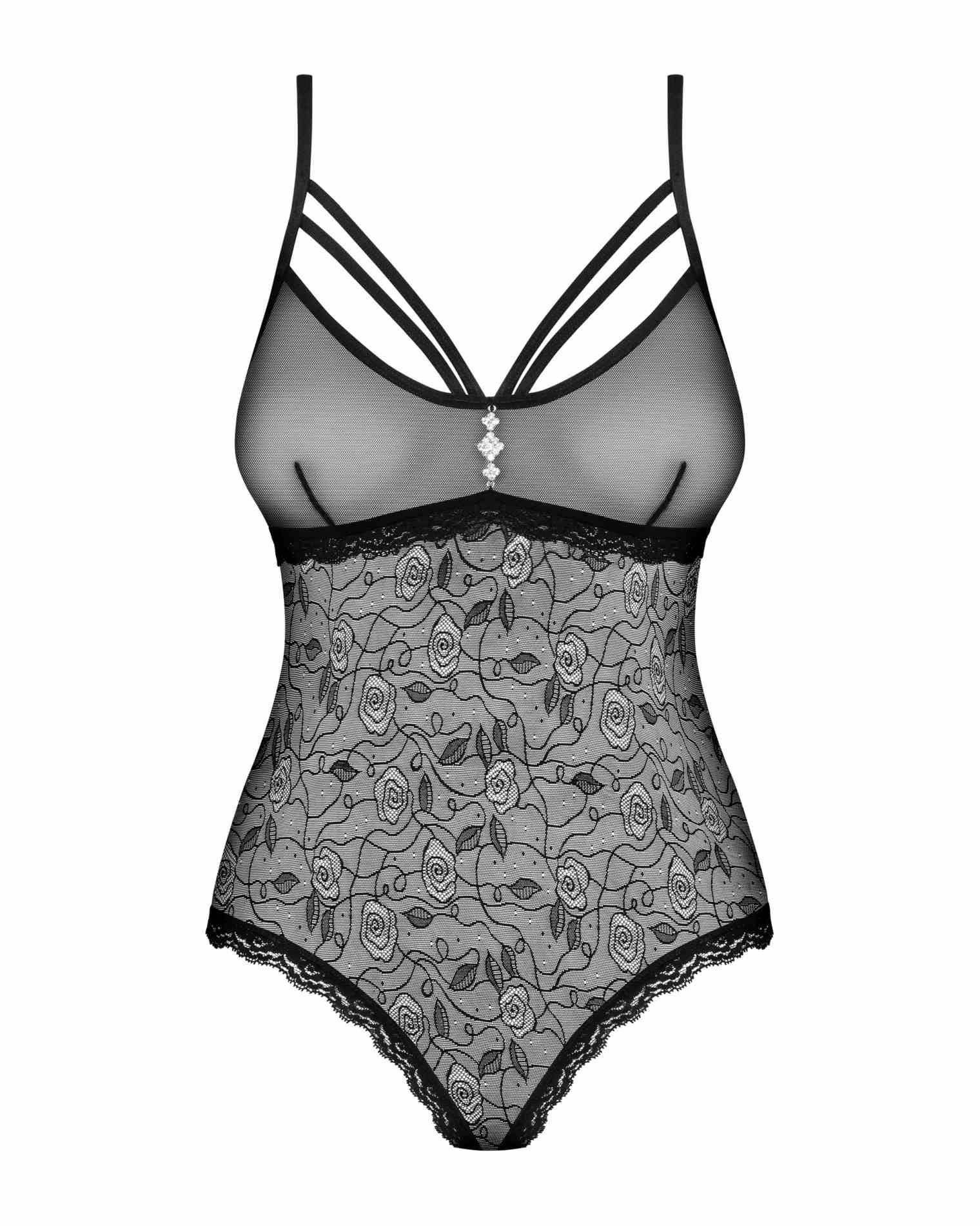 Body – czarne, z motywem różyczek, otwarty krok, L/XL — zdjęcie 5