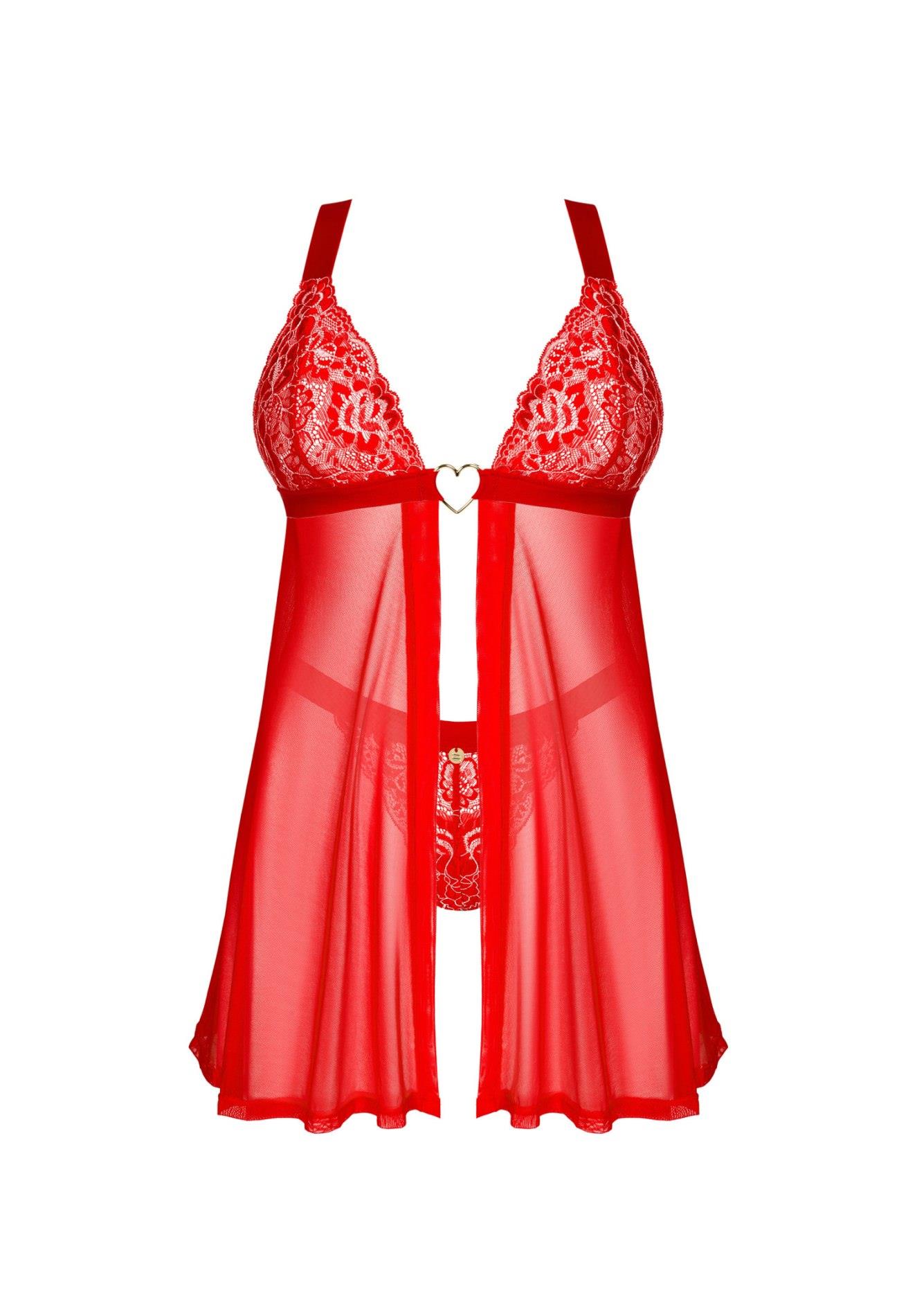 Babydoll i stringi – czerwone, koronka i zwiewny tiul, XS/S — zdjęcie 5