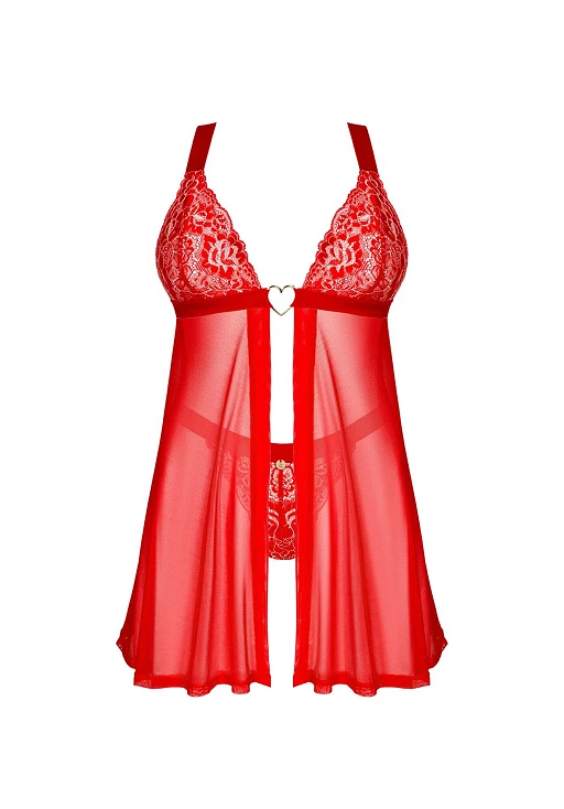 Babydoll i stringi – czerwone, koronka i zwiewny tiul, XS/S — zdjęcie 5