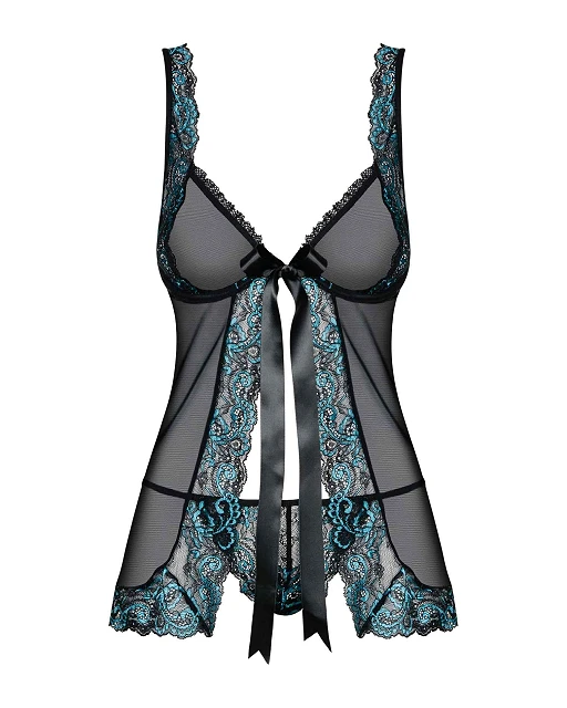 Babydoll i stringi – turkusowa koronka, siateczka, L/XL — zdjęcie 5