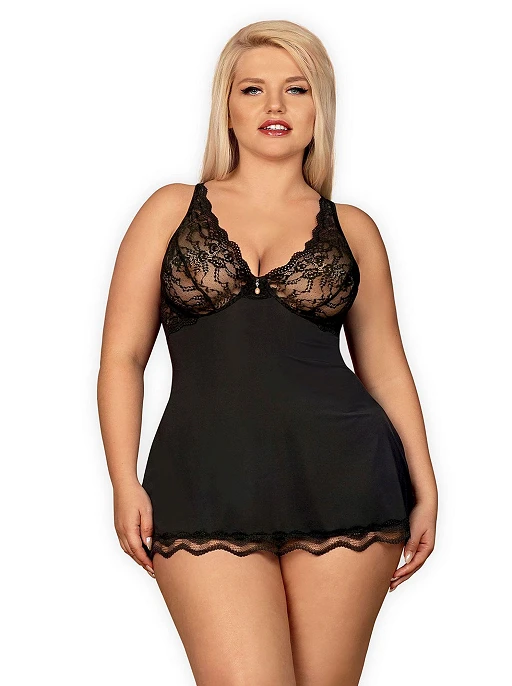 Babydoll i stringi Luvae – czarne, koronka, fiszbiny, XXL