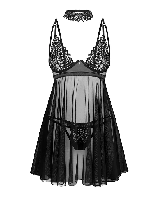 Babydoll i stringi Donarella – czarne, koronka i tiul, XS/S — zdjęcie 4
