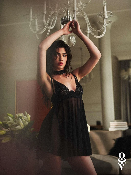 Babydoll i stringi Donarella – czarne, koronka i tiul, XS/S — zdjęcie 6
