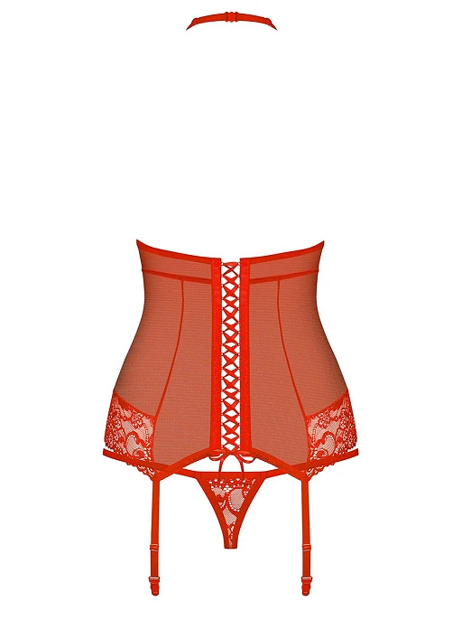Gorset i stringi 838-COR – czerwone, koronka i siateczka, S/M — zdjęcie 6
