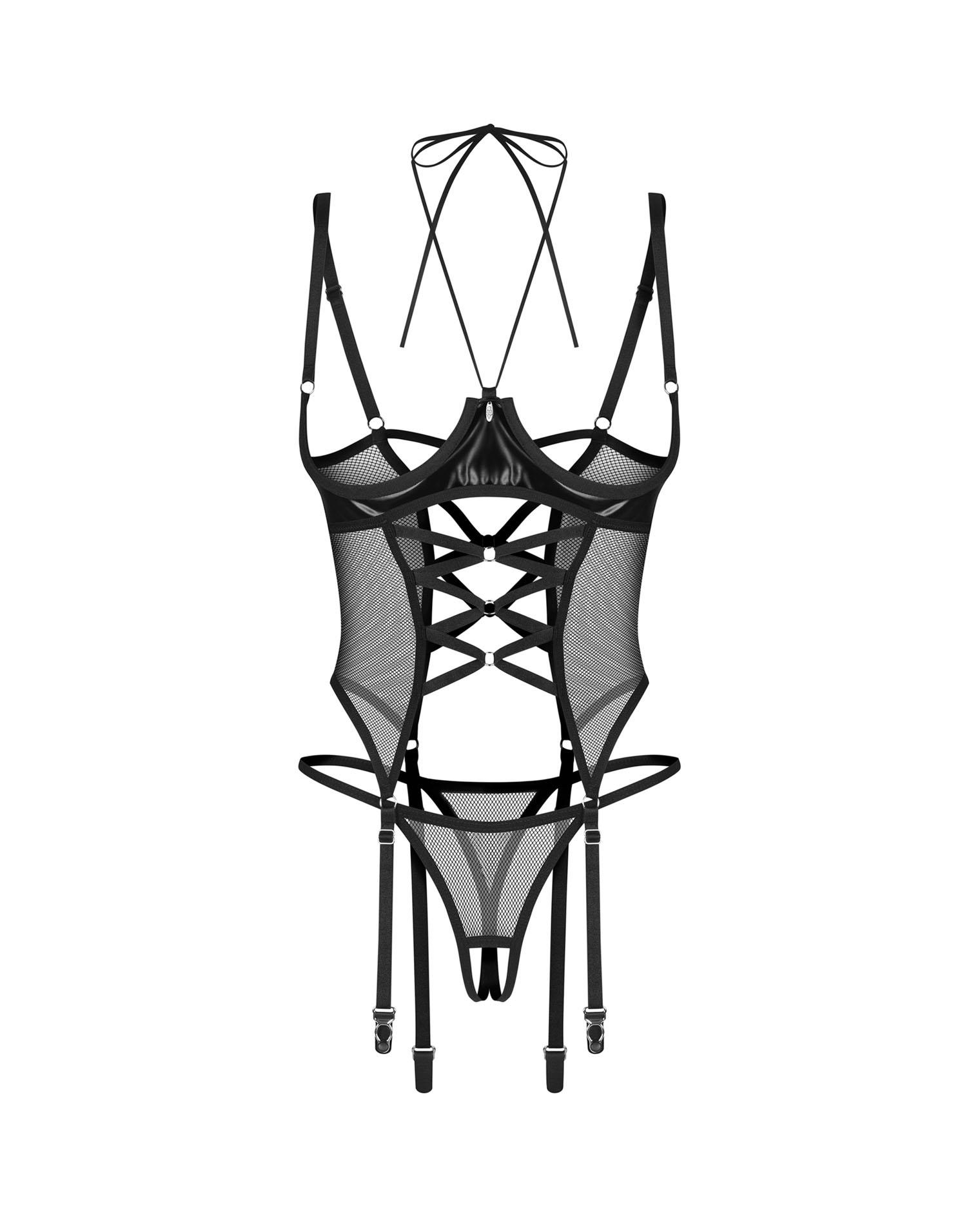 Gorset i stringi – połyskujące, otwarte miseczki, czarne, 2XL/3XL — zdjęcie 6