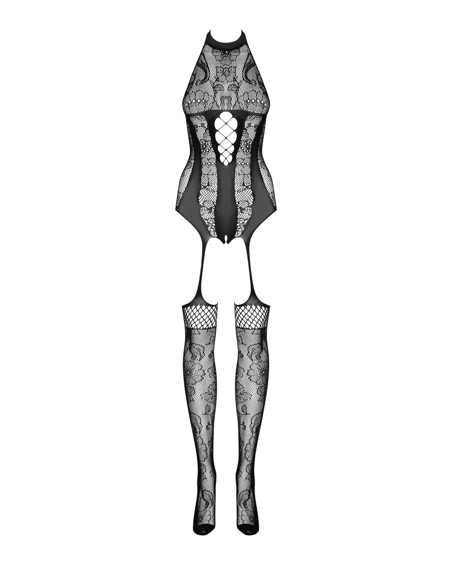 Bodystocking F240 S/M/L – czarne, ażurowe wzory i otwarty krój, S/M — zdjęcie 6