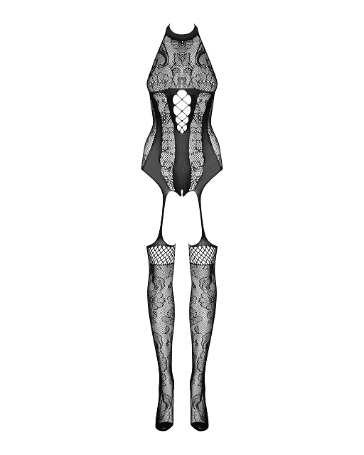 Bodystocking F240 S/M/L – czarne, ażurowe wzory i otwarty krój, S/M — zdjęcie 6
