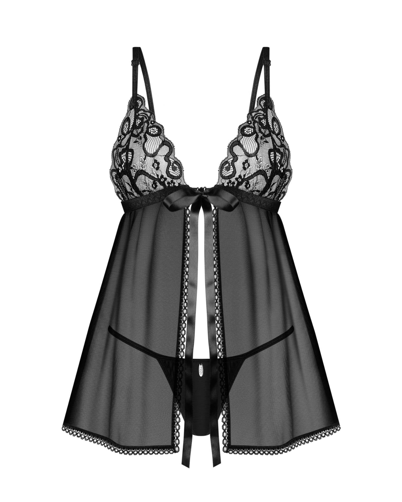 Babydoll i stringi – czarne, koronka i tiul, XS/S — zdjęcie 5