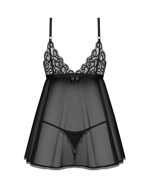 Babydoll i stringi – czarne, koronka i tiul, M/L — zdjęcie 6