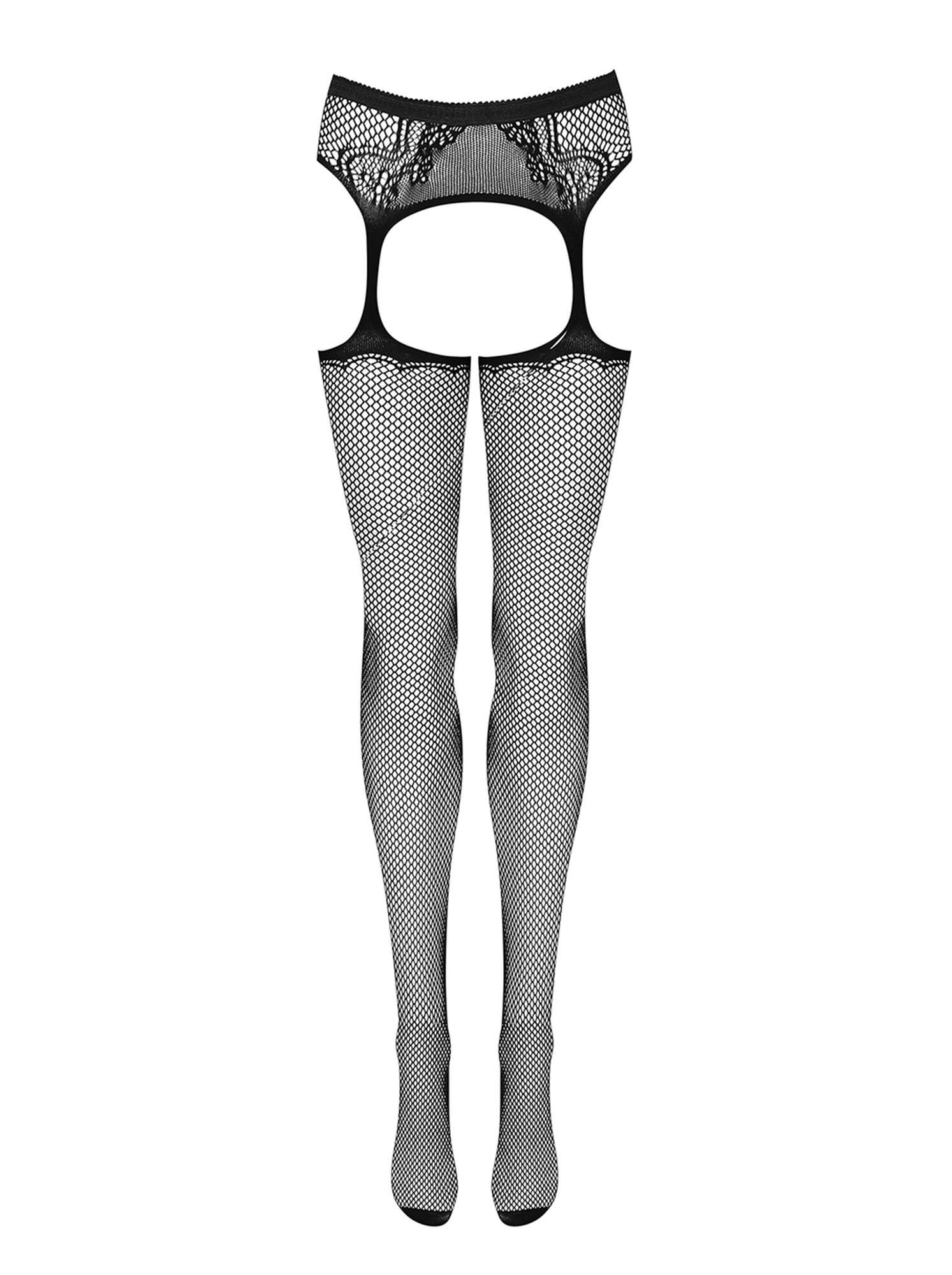 Garter stockings – czarne, siateczkowe, otwarty krok, S/M/L — zdjęcie 5