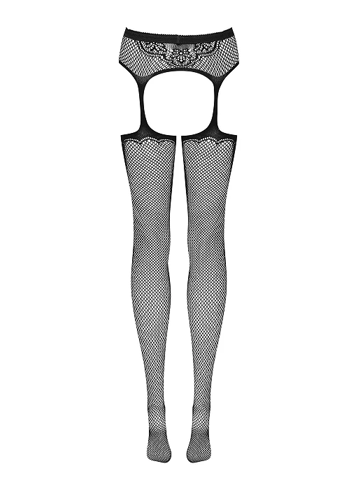Garter stockings – czarne, siateczkowe, otwarty krok, S/M/L — zdjęcie 6