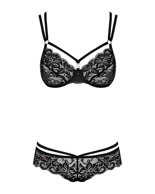 Komplet 2‑częściowy 860-SET – czarny, koronka i paseczki, L/XL — zdjęcie 5