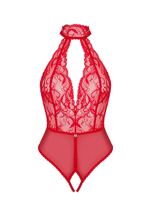 Body – czerwone, koronkowe, otwarty krok, XS/S — zdjęcie 5