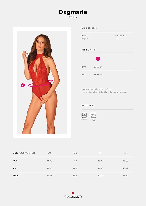 Body – czerwone, koronkowe, otwarty krok, XS/S — zdjęcie 7