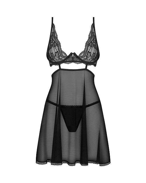 Babydoll i stringi – czarne, koronka i tiul, XS/S — zdjęcie 5