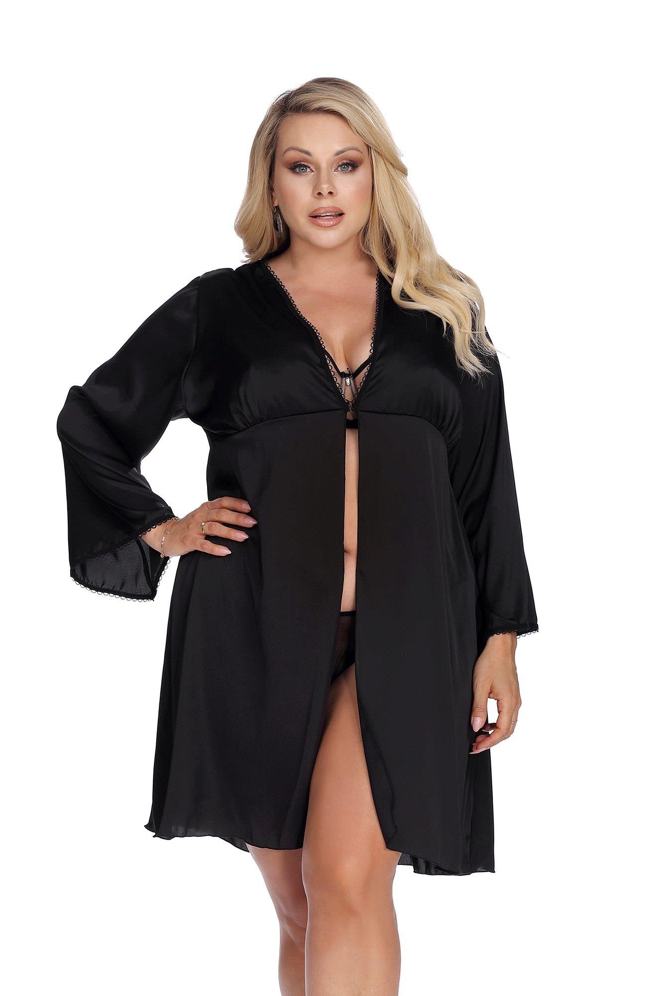 Szlafrok Laura – czarny, satynowy, długie rękawy, L — zdjęcie 2