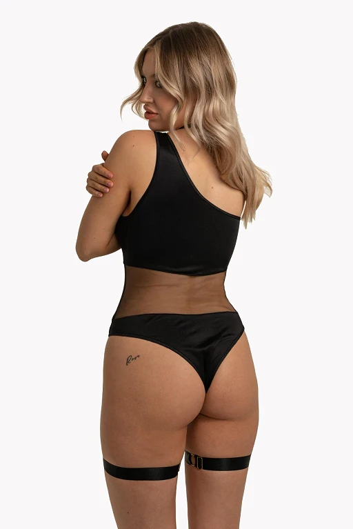 Body – czarne, asymetryczne ramię, siateczkowe wstawki, L/XL — zdjęcie 2