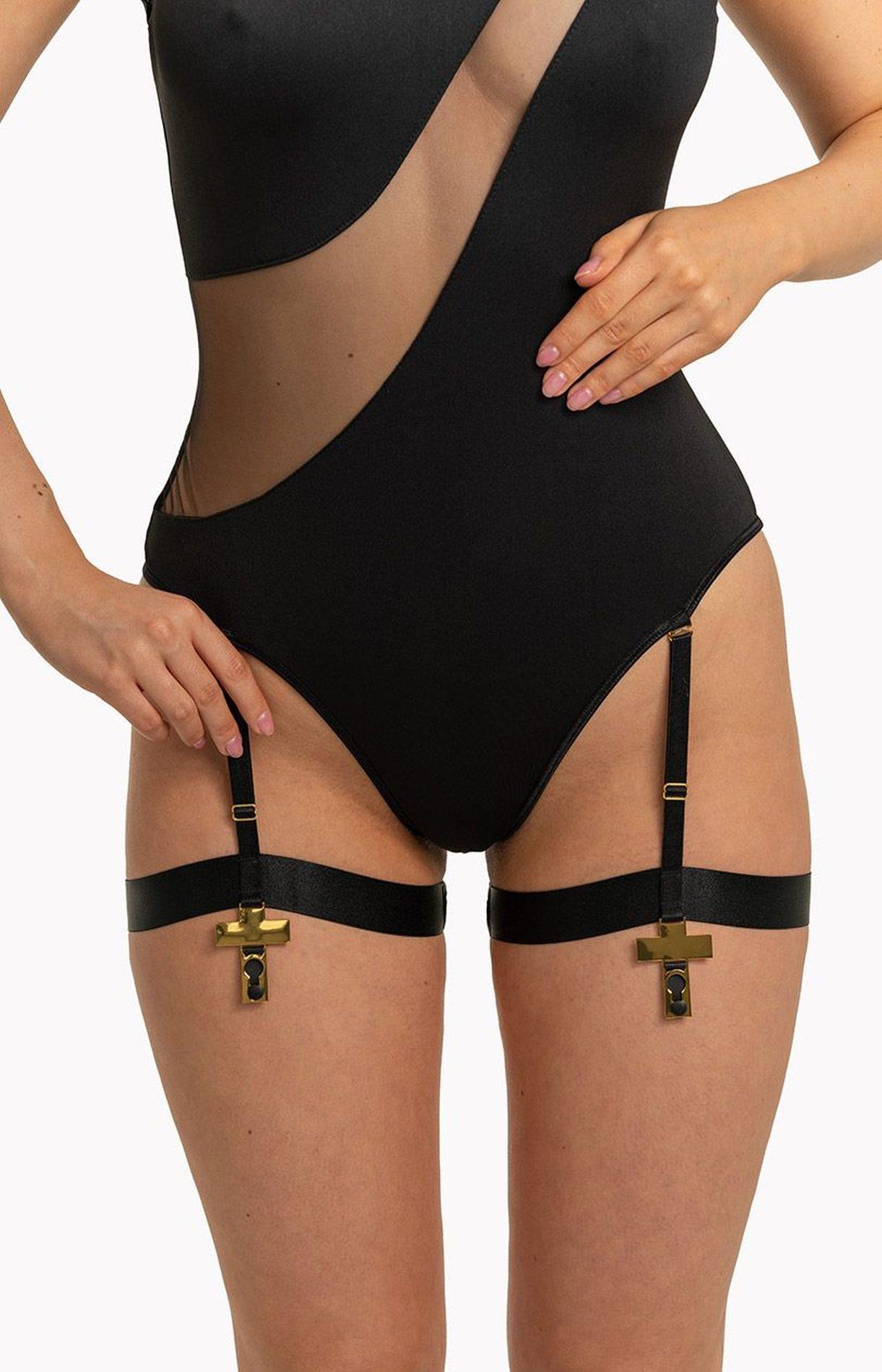 Body – czarne, asymetryczne, tiulowe wstawki, S/M — zdjęcie 3