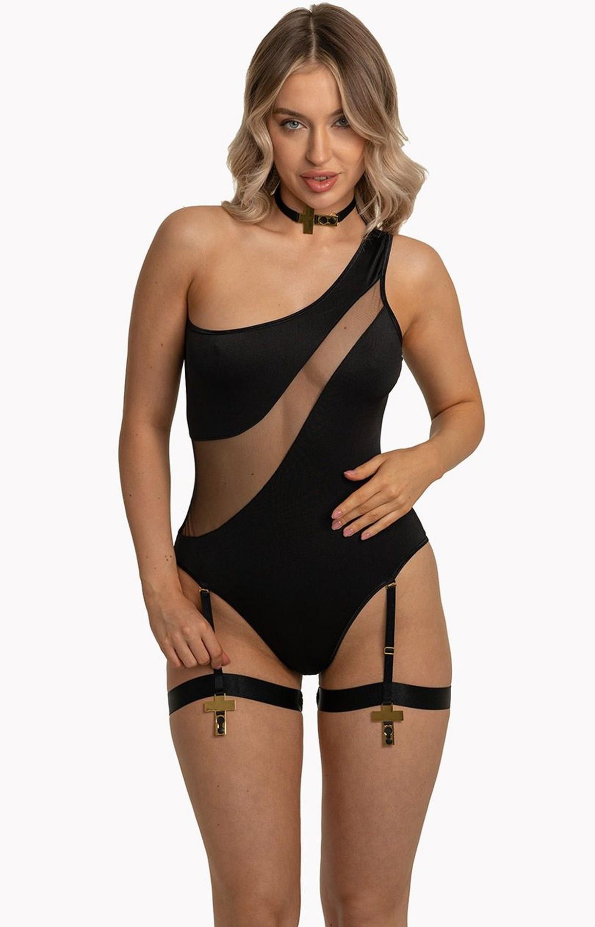 Body – czarne, z tiulową wstawką i podwiązkami, L/XL — zdjęcie 1