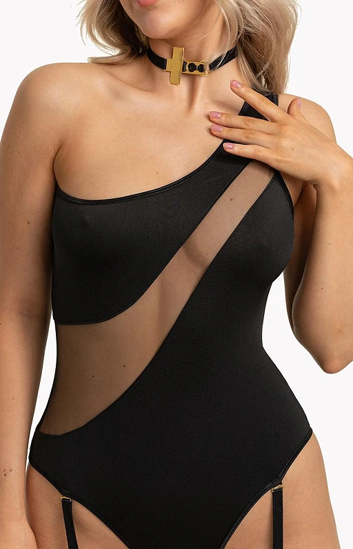 Body – czarne, z tiulową wstawką i podwiązkami, L/XL — zdjęcie 2