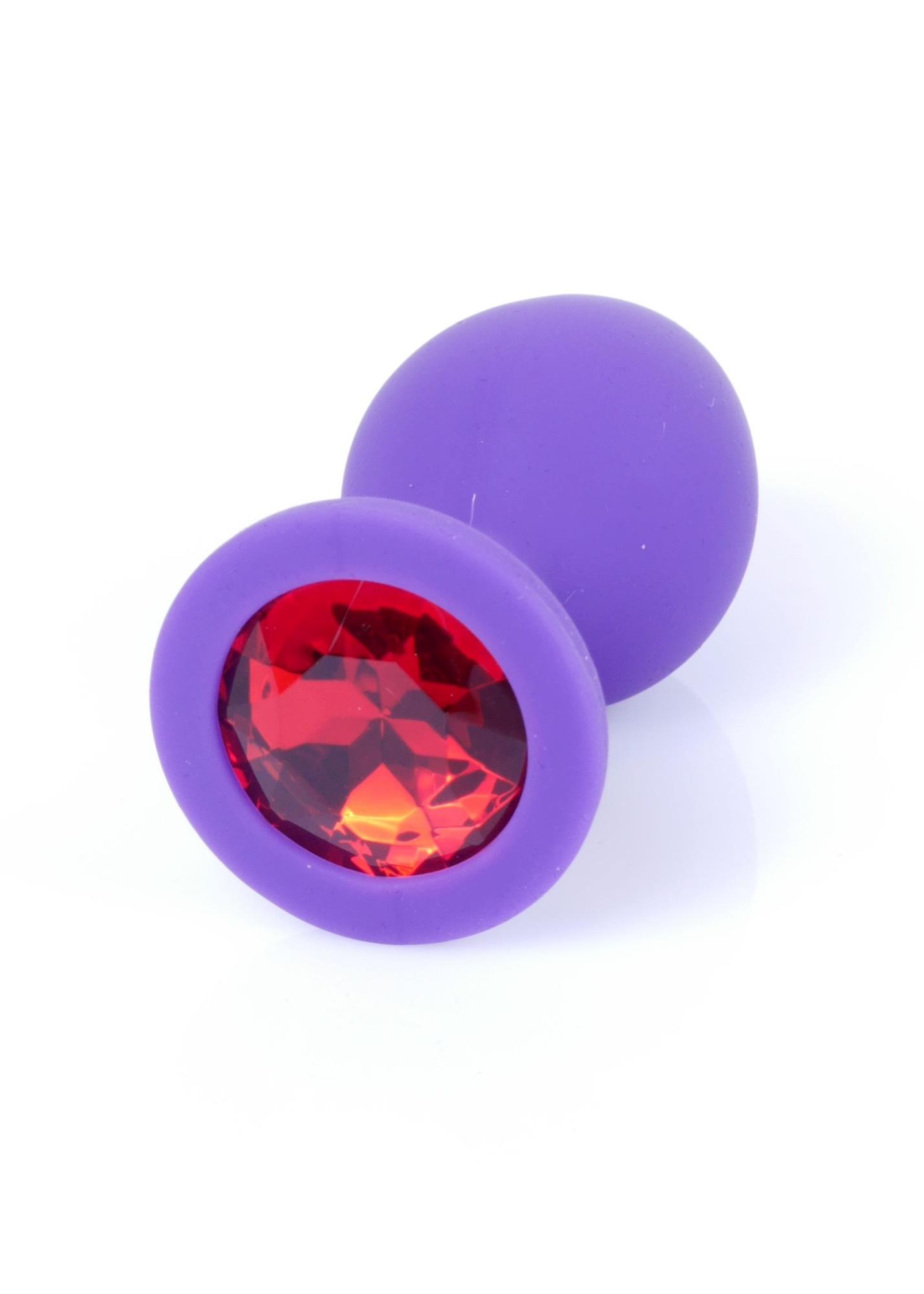 Korek analny z czerwonym kryształem – silikon, fioletowy, 8 cm — zdjęcie 1