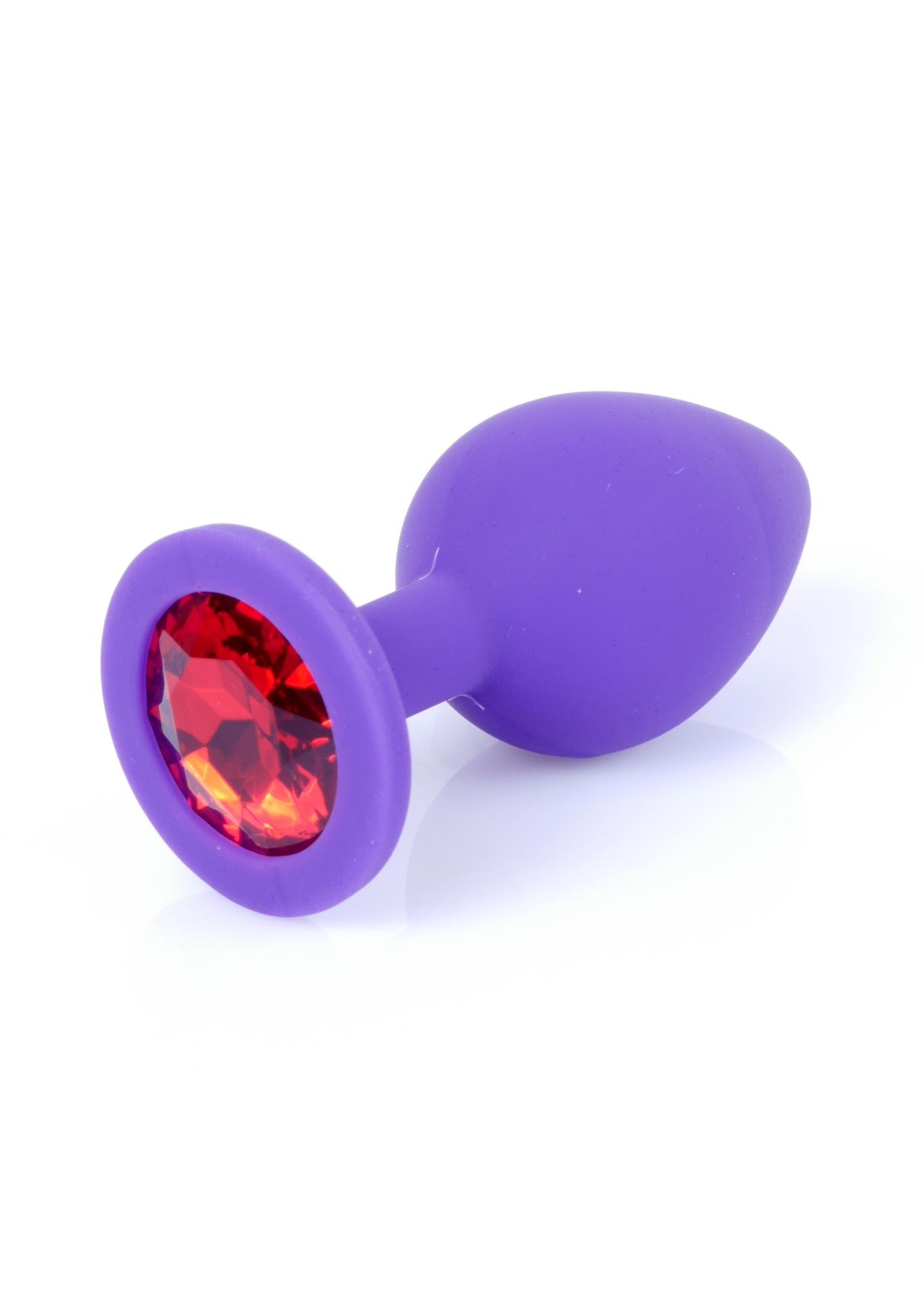 Korek analny z czerwonym kryształem – silikon, fioletowy, 8 cm — zdjęcie 7