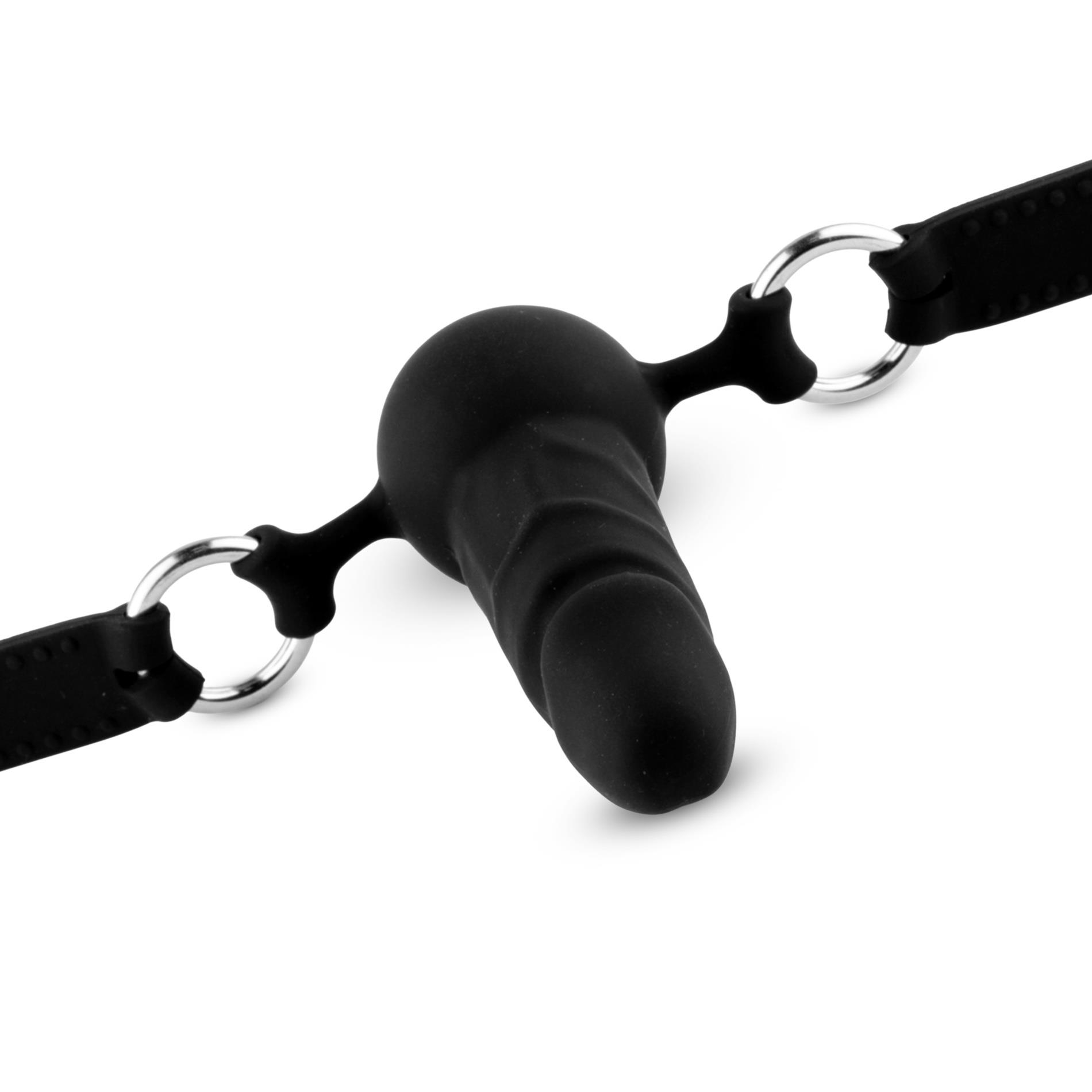 Knebel z silikonową kulką i penisem – regulowany pasek — zdjęcie 6