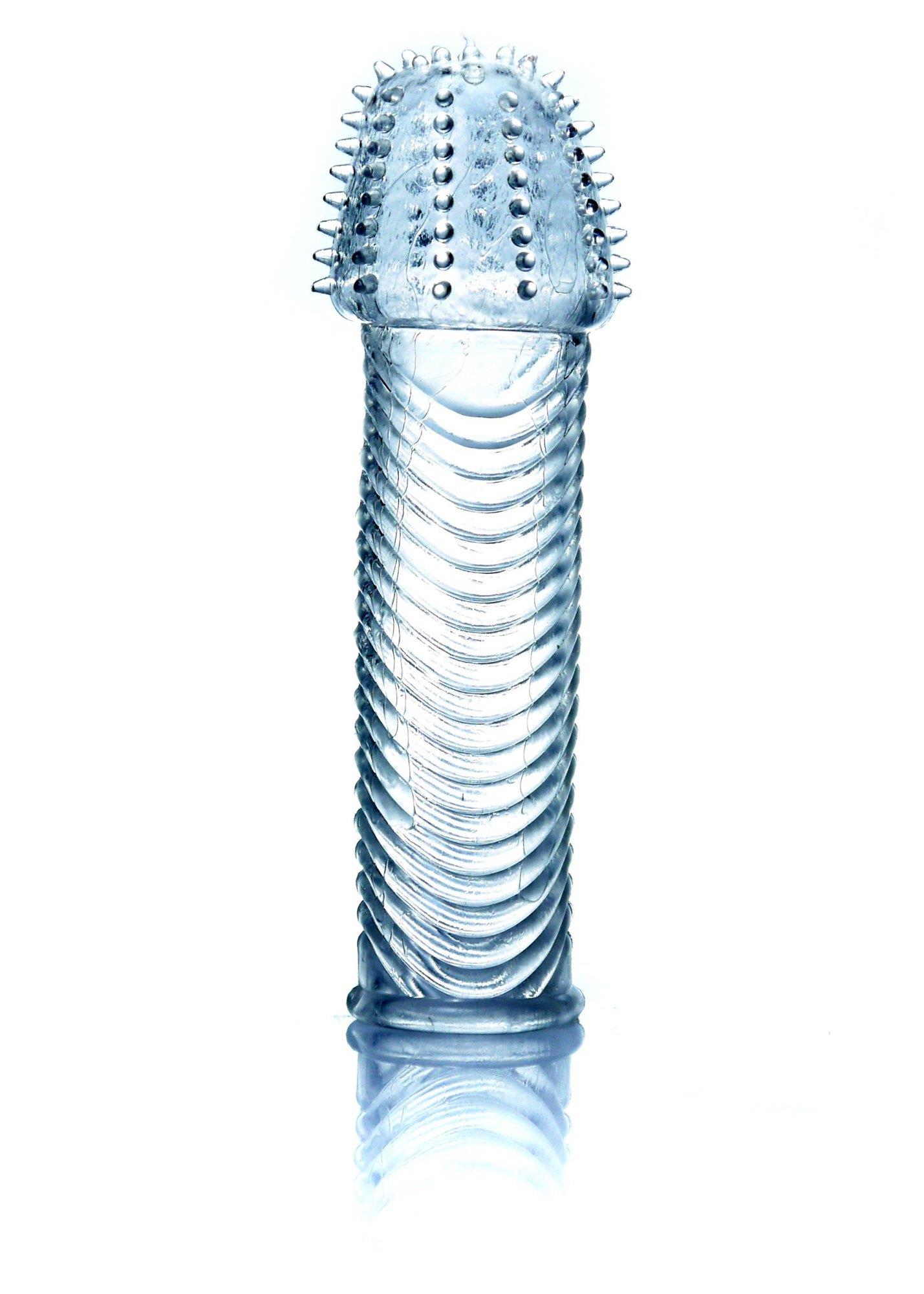 Nakładka na penisa – przezroczysta, wypustki i prążki, 14 cm — zdjęcie 1