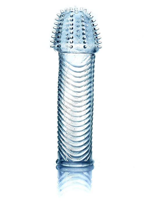 Nakładka na penisa – przezroczysta, wypustki i prążki, 14 cm