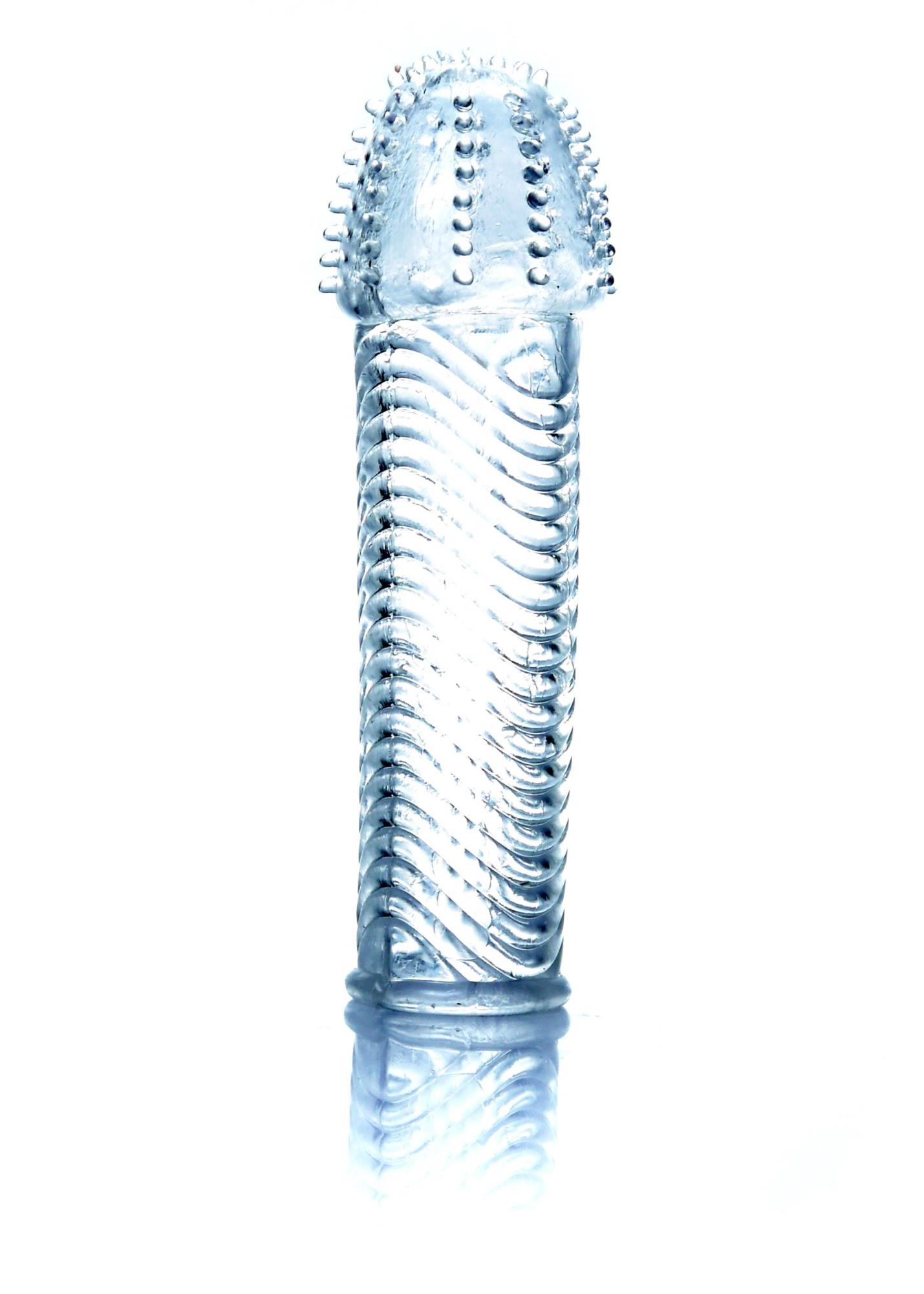 Nakładka na penisa – przezroczysta, wypustki i prążki, 14 cm — zdjęcie 3