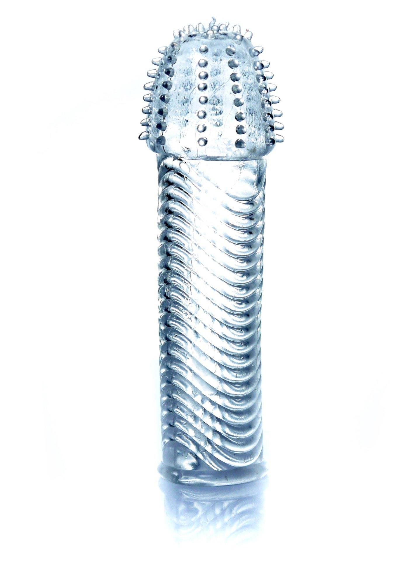 Nakładka na penisa – przezroczysta, wypustki i prążki, 14 cm — zdjęcie 2