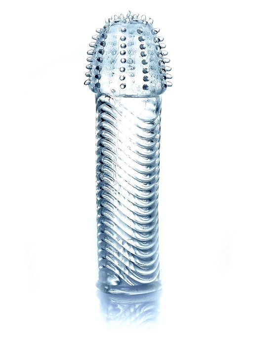 Nakładka na penisa – przezroczysta, wypustki i prążki, 14 cm — zdjęcie 2