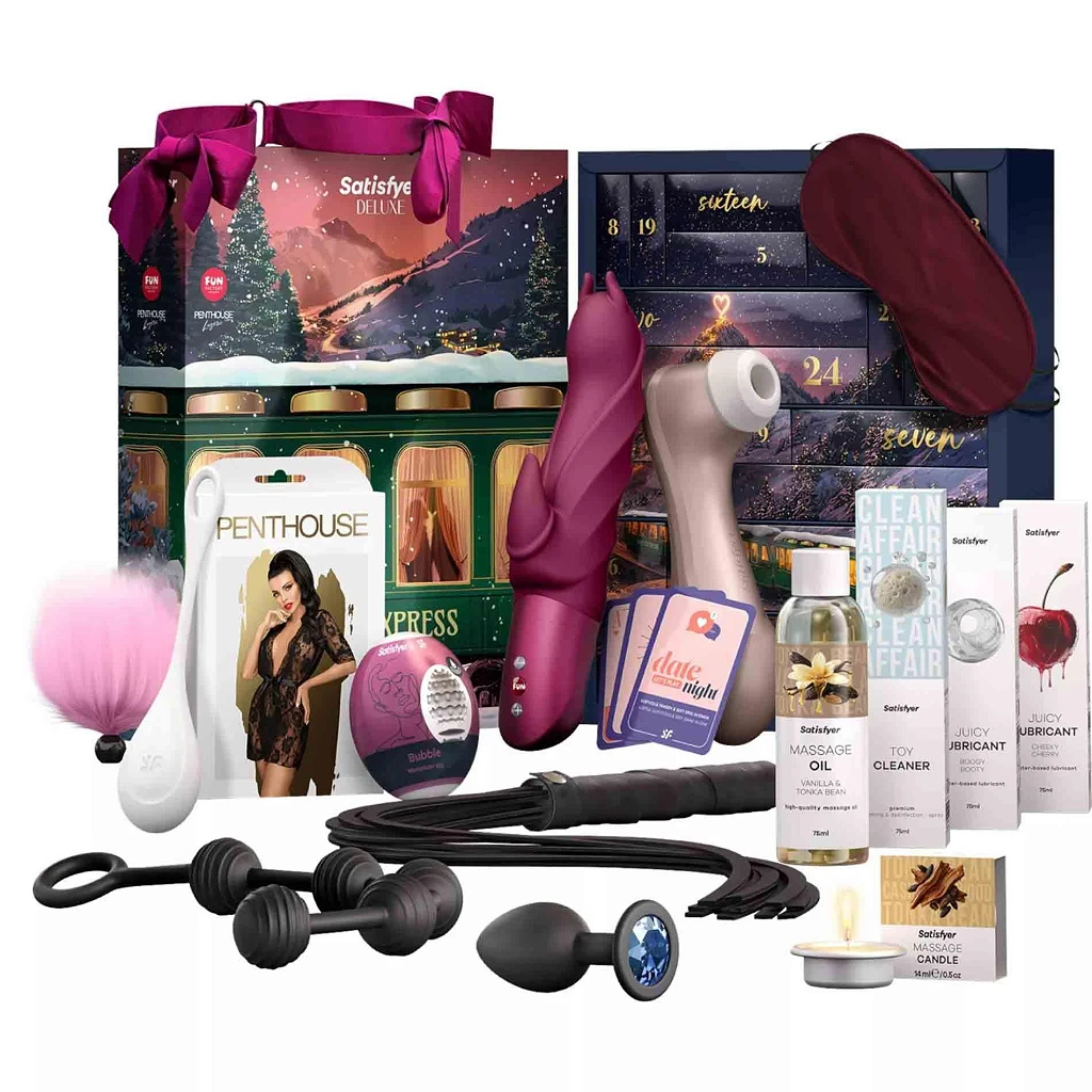 Kalendarz adwentowy Satisfyer Deluxe 2026 z zawartością: Pro 2, Darling Devil, bielizna Penthouse i kosmetyki